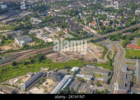 Luftaufnahme, Baustelle für Regional Training Center RTZ der Polizei, Frohnhauser Straße, Bahnlinie mit Werkstatt DB Regio in NRW, Westvi Stockfoto