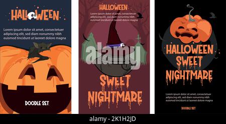 Happy Halloween Banner oder Party Einladung Hintergrund mit Nachtwolken und Kürbisse. Vektorgrafik. Vollmond am Himmel, Spinnennetz und Flyin Stock Vektor