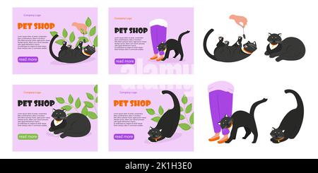 Bannerset für Tierhandlung. Schwarze Katze mit Kragen. Vektorgrafik im flachen Stil. Stock Vektor