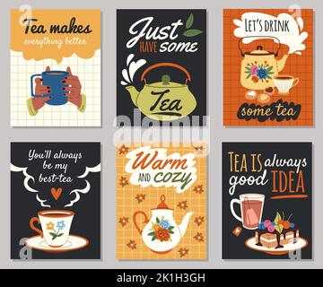 Teezeit-Menükarten. Süße Frühstücksplakate mit lustigen handgezeichneten Text, heiße Getränke und verschiedene Süßigkeiten und Desserts, gemütliches Hausfest, Café oder Stock Vektor