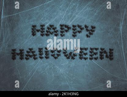 Fröhliche Halloween-Inschrift auf blauem Hintergrund mit Spinnweben. Happy Halloween Text aus Spinnen in einem Spinnennetz. Grußkarte für eine Party. Oben Stockfoto