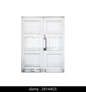 Alte weiße Holztür isoliert auf weißem Hintergrund Textur Stockfoto