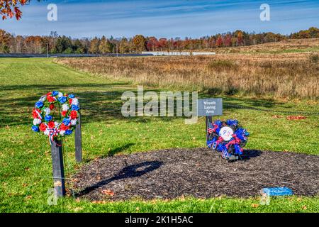 Der Kranzniederlegeraum des Memorial Plaza am 11.. September des Flight 93 Memorial in Stoystown, Pennsylvania. Stockfoto