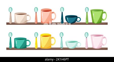 Farbige Tassen in verschiedenen Formen und Löffel Set. Vektorgrafik im flachen Stil. Isolierte Objekte Stock Vektor