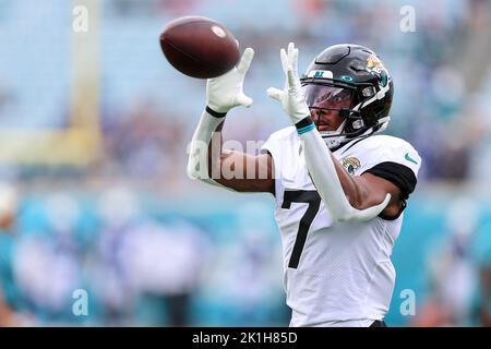 Jacksonville Jaguars wide receiver Zay Jones (7) runs during an NFL  football game against the Washington Commanders, Sunday, Sept. 11, 2022 in  Landover. (AP Photo/Daniel Kucin Jr Stock Photo - Alamy