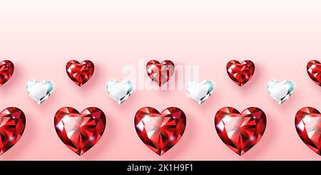 Banner mit einem horizontalen Rand aus roten Rubinen und Diamanten. Edelsteine in Herzform. Valentinskarte für Valentinstag, Frauentag, Hochzeit krank Stock Vektor
