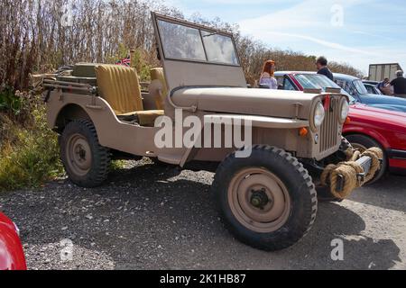 Exeter, UK-August 2022: Willys Jeep (auch bekannt als Willys MB oder US Army Truck 4x4 Command Reconnaissance) auf einer Oldtimer-Show auf der Greendale Farm in der Nähe Stockfoto