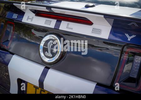 Exeter, UK-August 2022: Nahaufnahme eines Ford Mustang Shelby GT500 auf einer Oldtimer-Show auf der Greendale Farm bei Exeter Stockfoto