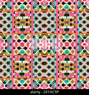 Kitschig gemustertes geometrisches Retro-Design in nahtlosem Hintergrund. Trendy modernen Boho Geo in lebendigen bunten Grafik Illustration. Wiederholen Sie die Kachel für Stockfoto