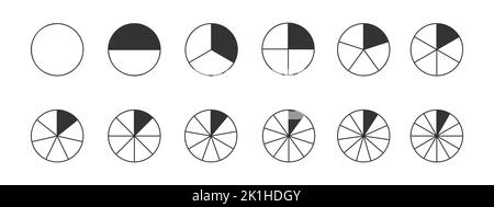 Satz von Kreisen in Sektoren von 1 bis 12 mit einem bemalten Teil unterteilt. Grafische Donut-Diagramme, Torten- oder Pizzaformen, die in gleichen Segmenten isoliert auf weißem Hintergrund geschnitten werden. Vektordarstellung Stock Vektor