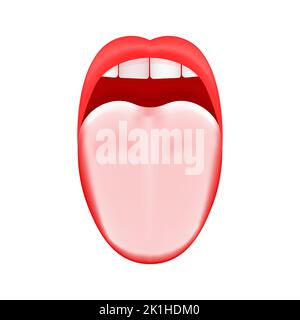 Weiße oder beschichtete Zunge. Trockener Mund. Offenes menschliches Geschmacksorgan mit Symptomen einer Stomatitis, Candidiasis oder Glossitis-bakteriellen Infektion auf weißem Hintergrund isoliert. Vektor-realistische Darstellung Stock Vektor