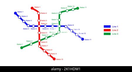 Vorlage für Metro-Karten. U-Bahn-Plan mit 3 farbigen Linien mit Stationen. Infografik des öffentlichen Schnellverkehrsnetzes isoliert auf weißem Hintergrund. Vektorgrafik Stock Vektor