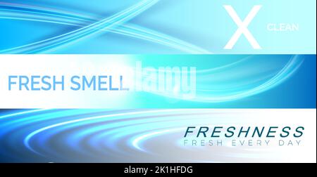 Satz von breiten geschwungenen Lichtlinien-Banner oder -Cover-Design. Wellen, die einen Strom sauberer frischer Luft zeigen. Blaue Wellen mit einem frischen Aroma. Vektorgrafik. Stock Vektor