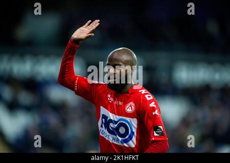 Anderlecht, Belgien. 18. September 2022. Didier Lamkel Ze von Kortrijk reagiert während eines Fußballmatches zwischen RSCA Anderlecht und KV Kortrijk am Sonntag, 18. September 2022 in Anderlecht, am 9. Tag der ersten Division der belgischen Meisterschaft 2022-2023 in der „Jupiler Pro League“. BELGA FOTO JASPER JACOBS Quelle: Belga Nachrichtenagentur/Alamy Live News Stockfoto