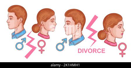 Scheidung verheiratetes Paar, Familie Ehe Krise, Mann und Frau Liebe Beziehung Trennung, Streit, Trennung. Mann, Frau Konfliktproblem. Vektor Stock Vektor
