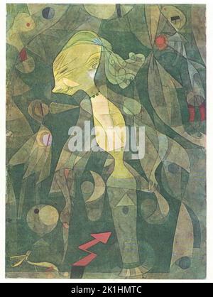 A Young Lady's Adventure, 1922, Aquarell auf Papier. Gemälde von Paul Klee. Paul Klee; 18. Dezember 1879 – 29. Juni 1940) war ein in der Schweiz geborener deutscher Künstler. Sein höchst individueller Stil wurde von Kunstbewegungen beeinflusst, die Expressionismus, Kubismus und Surrealismus einschlossen. Klee war ein natürlicher Zeichner, der mit der Farbtheorie experimentierte und sich schließlich intensiv mit ihr beschäftigte und darüber ausführlich schrieb; seine Vorlesungen Schriften zur Form und Gestaltungslehre, die auf Englisch als Paul Klee-Notizbücher veröffentlicht wurden, gelten als für die moderne Kunst ebenso wichtig Stockfoto