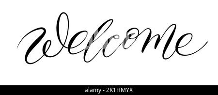 Willkommen Pinsel Stift Linie kalligraphischen Titel. Einladungskarte monoline Phrase, Heimdekor lineare Inschrift. Housewarming Banner, Scrapbook Stempel, Folie diy Gravur. Welliges, zerkratztes Wort mit Grundlinie Stock Vektor