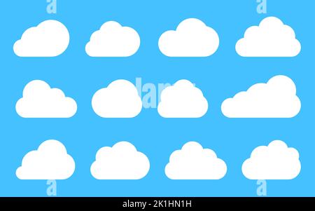Wolken weißes flaches Symbol, isoliert am blauen Himmel. Verschiedene Form Wolke abstrakt Web-Banner Vorlage umreißen Cartoon Rede Blase Symbol. Digitales Internet Netzwerk Datentechnologie Geschäftskonzept Zeichen Stock Vektor