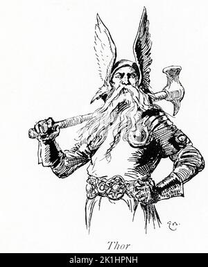 Thor war der gott des Donners und somit der gott der Macht und des Krieges. Als Sohn Odins hatte er einen magischen Hammer namens Mjollnir, der zu ihm zurückkehrte, einen Gürtel voller Kraft und eiserne Handschuhe. Sein Wagen wurde von zwei Ziegen gezogen – Tanngrisni ("GAP-tooth") und Tanngnost ("Zahnschleifer"). Diese Abbildung stammt aus dem Jahr 1913. Stockfoto