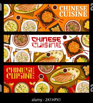 Chinesische Küche Restaurant Mahlzeiten Banner. Heiß-saure Suppe, Schweinefleisch mit kandierten Früchten, Congee- und Fleischanissuppen, Pekingente, süß-saures Schweinefleisch, süße Reisbällchen, Mangosalat mit Eiernudeln Stock Vektor