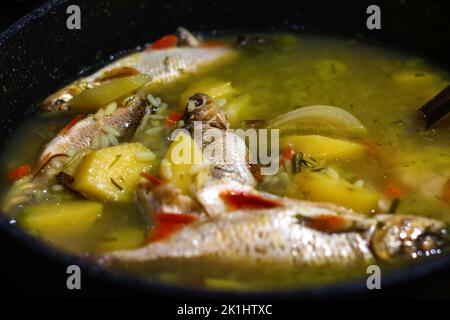 Unschärfe-Fischsuppe Ukha. Barsch Fisch in einer klaren Brühe mit gewürfeltem Wurzelgemüse serviert in weißem Teller auf Holztisch. Selektiver Fokus. Frische Fischsuppe Stockfoto