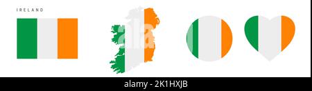 Symbol für Irland-Flagge gesetzt. Irischer Wimpel in offiziellen Farben und Proportionen. Rechteckig, kartenförmig, Kreis- und herzförmig. Flache Vektorgrafik ist Stock Vektor