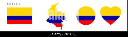Symbol für kolumbianische Flagge gesetzt. Kolumbianische Wimpel in offiziellen Farben und Proportionen. Rechteckig, kartenförmig, Kreis- und herzförmig. Vektorgrafik flach Stock Vektor