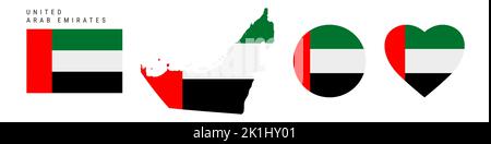 Symbol für die Flagge der Vereinigten Arabischen Emirate gesetzt. UAE Wimpel in offiziellen Farben und Proportionen. Rechteckig, kartenförmig, Kreis- und herzförmig. Flacher Vektor-illuu Stock Vektor