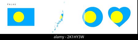 Symbol für Palau-Flagge gesetzt. Palauan Wimpel in offiziellen Farben und Proportionen. Rechteckig, kartenförmig, Kreis- und herzförmig. Flache Vektorgrafik ist Stock Vektor