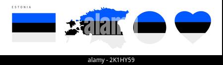Symbol für die estnische Flagge gesetzt. Estnischer Wimpel in offiziellen Farben und Proportionen. Rechteckig, kartenförmig, Kreis- und herzförmig. Flache Vektorgrafik Stock Vektor
