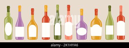 Alkoholgetränke Flasche verschiedene Formen und leere Label-Set. Verschiedene Arten Mockup Flaschen rot, weiß, Sekt Champagner Likör. Feier Werbung blank Aufkleber vintage Design Stock Vektor