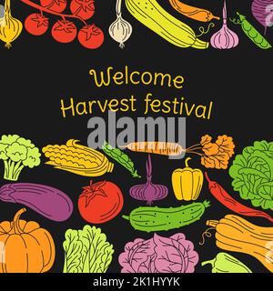 Willkommen Banner Harvest Festival mit Cartoon Gemüse Hintergrund. Landwirtschaft Werbung Poster Vorlage Karte mit gesunder Ernährung Lebensmittel. Bio Kochen Poster Design, Bauernhof Produkt Gemüse Vektor Stock Vektor
