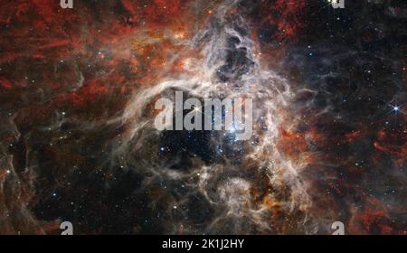 Platz. 6. September 2022. Sternkindergarten 30 Doradus erhält seinen Spitznamen des Tarantula-Nebels aus seinen langen, staubigen Filamenten. Sie befindet sich in der großen Magellanschen Wolke und ist die größte und hellste Sternentstehungsregion in der Nähe unserer eigenen Galaxie sowie die Heimat der heißesten, massereichsten Sterne, die bekannt sind. Das Zentrum dieses Bildes, das mit dem Nahinfrarot-Kamera-Instrument von Webb (NIRCam) aufgenommen wurde, wurde durch die Strahlung junger massereicher Sterne (in strahlend hellblau) ausgehöhlt. Nur die dichtesten umgebenden Bereiche des Nebels widerstehen der Erosion und bilden die Säulen, die nach Th zu zeigen scheinen Stockfoto