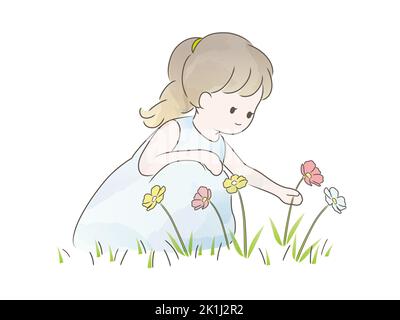 Aquarell Cute Girl Picking Wild Flowers auf dem Feld isoliert auf Einem weißen Hintergrund. Vektor-Naive Illustration. Stock Vektor