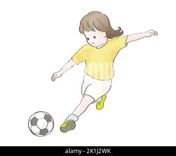 Aquarell Cute Girl Spielt Fußball. Vektorgrafik isoliert auf Weißem Hintergrund. Stock Vektor