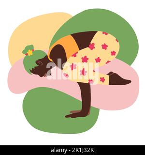 Handgezeichnete Illustration einer schwarzen afroamerikanischen Frau in Yoga-Pose. Modernes grün rosa Design für Balance Harmonie Wellness Selbsthilfe Konzept. Entspannung Übung Fitness Körper Sport Stockfoto