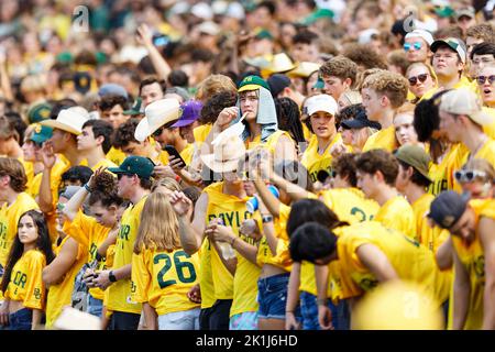 Baylor Studentenabschnitt während des 1. Viertels eines NCAA College Football Spiels zwischen den Baylor Bears und Texas State Bobcats im McLane Stadium Samstag, 17. September 2022, in Waco, Texas. Baylor gewann mit 42:7. (Eddie Kelly/Image of Sport) Stockfoto