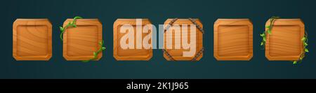 Quadratische Holzrahmen für Spiel Benutzer Avatar. Leere Bretter aus braunem Holz mit Dschungelreben und Seilen, Spielknöpfe isoliert auf dem Hintergrund, Vektor-Cartoon-Set Stock Vektor