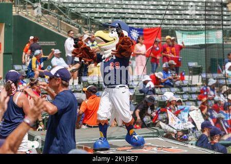 In den USA, Florida. USA; das Maskottchen des Teams USA, Sam der Adler, lässt die Fans beim Gold Medal Game gegen das chinesische Taipei des 18-U World Basebal jubeln Stockfoto