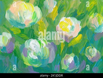 Bunte Pastell Pfingstrosen Blumen Kunst, Acryl Malerei. Florale Illustration, handbemalt. Sommer, Frühling Hintergrund. Botanisch bedruckbare Wandkunst, Karte Stockfoto