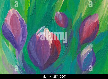 Abstrakte bunte Tulpen Blumen Kunst, Acryl texturierte Malerei. Florale Illustration, handbemalt. Sommerhintergrund. Botanisch bedruckbare Wandkunst Stockfoto
