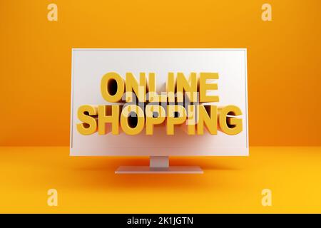 Online Internet Cyberspace Shopping Geschäftskonzept. Das Wort ONLINE-SHOPPING, das aus dem pc-Bildschirm herauskommt. 3D Rendern. Stockfoto
