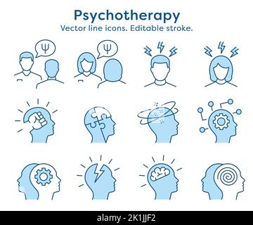 Symbol für Psychologie gesetzt. Sammlung von Geist, Gehirn, Emotionen, Psychologen und mehr. Vektorgrafik. Bearbeitbare Konture. Stock Vektor