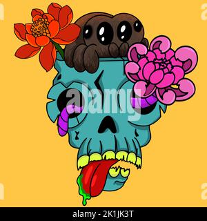 Totenkopf mit Blumen und Spinne halloween Illustration Stock Vektor