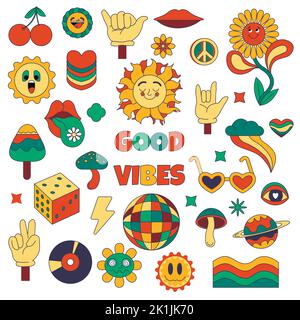 Hippie-Aufkleber und Emoticons, nur gute Vibes Stock Vektor