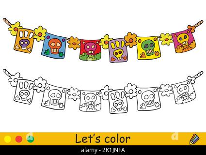 Mexikanische Girlande. Halloween-Konzept. Malbuch-Seite für Kinder mit farbenfroher Vorlage. Vektorgrafik Cartoon-Illustration. Für Print, Vorschulbildung Stock Vektor