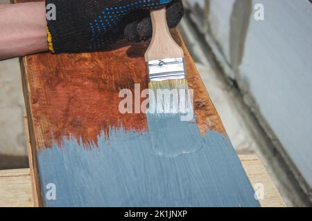 Eine Hand mit einem Pinsel, der einen Baum grau malt. Selektiver Fokus Stockfoto