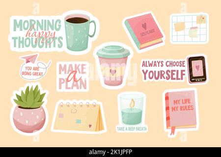 Legen Sie die wesentlichen Elemente der Selbstpflege für Studium, Ruhe und psychische Gesundheit in rosa Pastellfarben im Cartoon-Stil auf weißem Hintergrund isoliert. Bücher, Kaffeetassen, Notizbrett und Kalender, Telefon und Pflanze. Vektorgrafik Stock Vektor