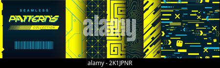 Cyberpunk Nahtloses Muster-Sammlungsset, Glitch-Effekt, Motherboard, integrierte Schaltung, Konturkarte, Dekoratives Mosaik aus der Zukunft. Stock Vektor
