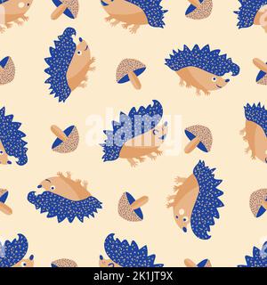 Niedliche stachelige, stachelige, Igel und Pilz nahtlose Muster Hintergrund. Cartoon Kawaii Igel, Doodle Pilze Hintergrund. Naturwaldwesen Stock Vektor